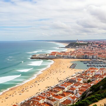 Aerial view of a coastal town with orange-tiled roofs and a sandy beach