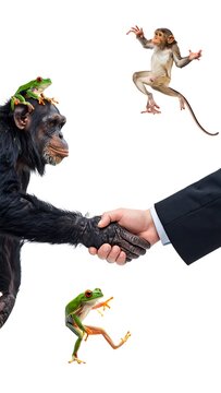 A surreal scene of a human shaking hands with a chimpanzee while frogs and another monkey are nearby