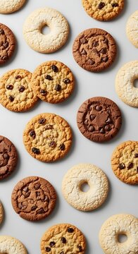 Assorted cookies with chocolate chips on a light gray background