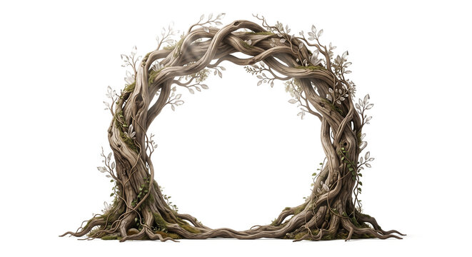 Photorealistic circular frame made of twisted tree roots and crystal leaves isolated on transparent background