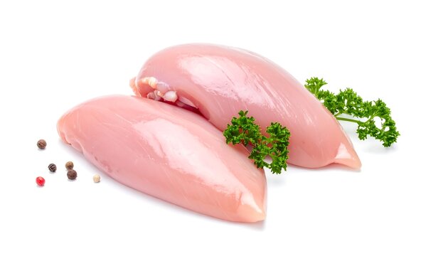 Two raw chicken breasts with herbs and spices on white background