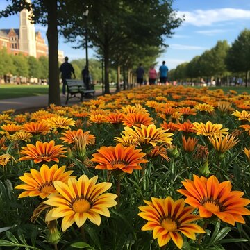 A vibrant flower bed with bright orange and yellow blooms fills the foreground, with people strolling in the background amidst trees and a large building