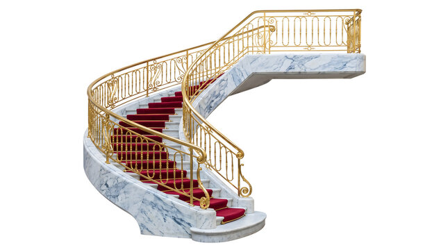 A curved staircase with gold railing and red carpeted steps indoors