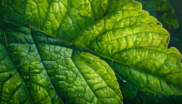 Extreme close-up of a vibrant green leaf showing intricate vein patterns and dew