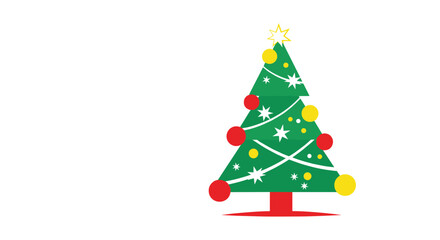 Obraz premium Stylized green christmas tree decorated with colorful ornaments and yellow star on top against plain white background for holidays.