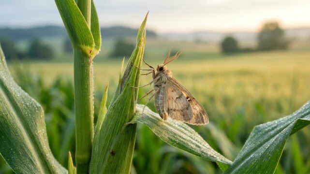 european corn borer close up in italian farmland morning light video