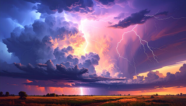 Dramatic lightning storm over open field at sunset vibrant sky