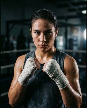Intense cinematic portrait of a female boxer with sweaty skin and wrapped hands. Young athletic woman showing determination and focus during boxing training session in a dark gym environment.
