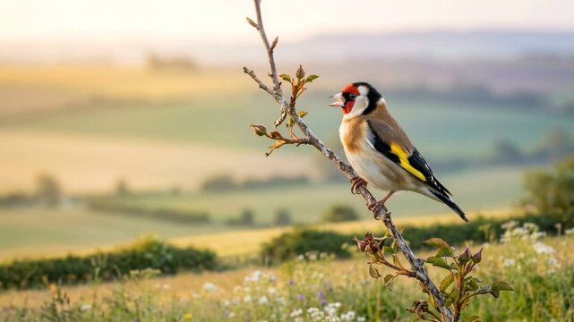 european goldfinch singing close up in sicilian countryside morning light video