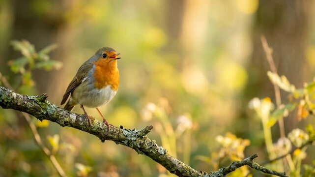 european robin close up in english woodland morning light video