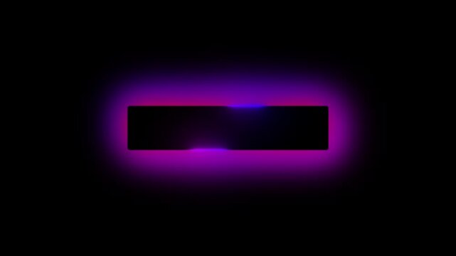 Neon glowing title bar lower third rectangular text box with purple and blue light effect on black background for overlay loop background motion graphics template video asset banner.