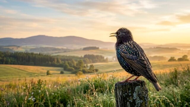 european starling singing close up in british countryside morning light video