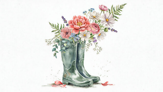 Watercolor green rain boots filled with a bouquet of spring flowers isolated on a transparent background