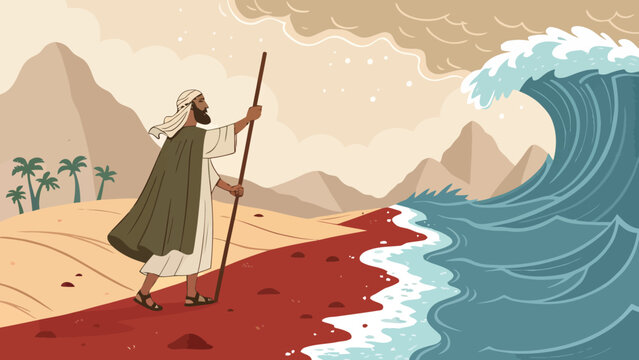 Biblical prophet parting the red sea with staff in desert religion landscape adventure spiritual mythology character miraculous dramatic scripture tradition illustration