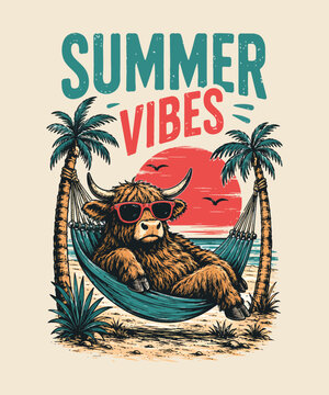 Cool highland cow wearing sunglasses relaxing in a hammock between palm trees with summer vibes text for tropical beach vacation graphic design illustration tshirt design