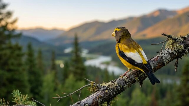 evening grosbeak close up on branches in canadian boreal forest morning light video