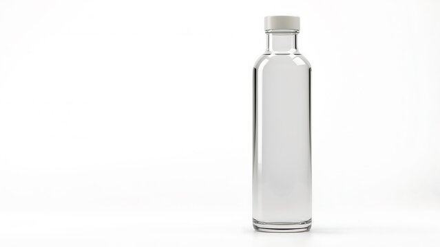 A clear glass bottle with a white cap on a transparent background.