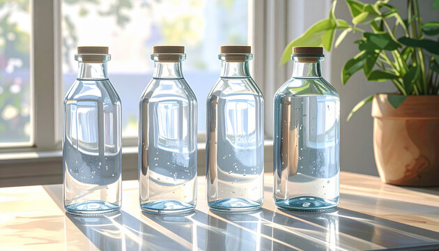 Four clear glass bottles filled with water on a sunlit table