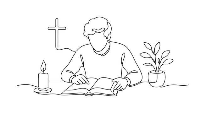 "Christian Bible Study". Minimalistic one-line drawing person reading an open Bible at a quiet table with candle, plant, and calm spiritual atmosphere, continuous single black line on white
