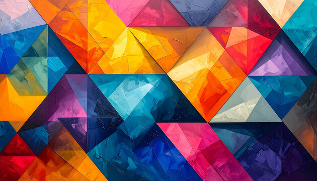Geometric abstract background of colorful triangles with textured brush strokes
