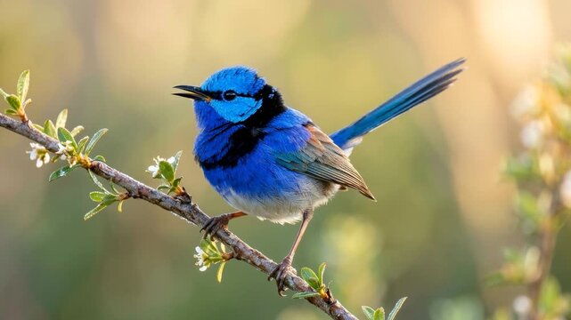 fairy wren singing close up in australian bushland morning light video