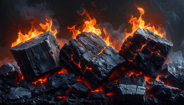 Glowing hot charcoal cubes burning with bright orange flames