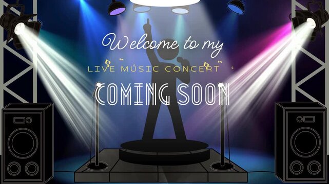 Concert stage background with singer silhouette under bright spotlights and coming soon text overlay.