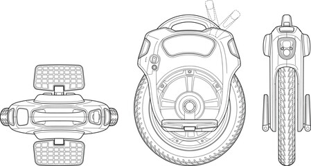Electric unicycle line art vector set with top side and front view perspective diagrams © razia