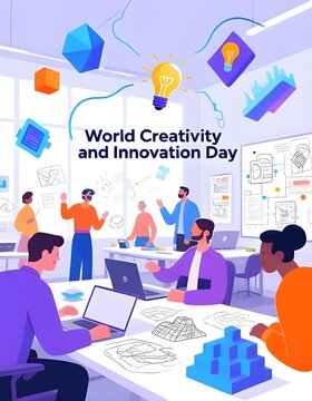 Creative Team Brainstorming with Innovation Ideas and Digital Concepts for World Creativity and Innovation Day