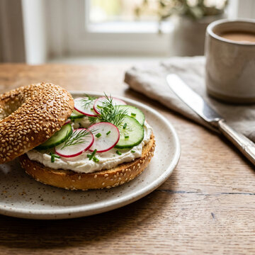 Bagel with cream cheese, cucumber, and radish on wooden table  