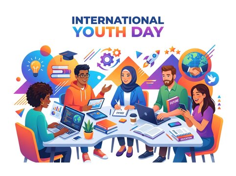International Youth Day Premium Flat Vector Illustration with Diverse Young People, Education, Innovation, Teamwork, Leadership and Future Opportunities Isolated on White