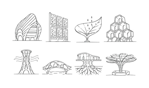 "Organic Sustainable Structures". Minimalistic set one-line drawing [green building shell, algae facade panels, rainwater leaf funnel, beehive modular housing, natural ventilation tower, biomorphic
