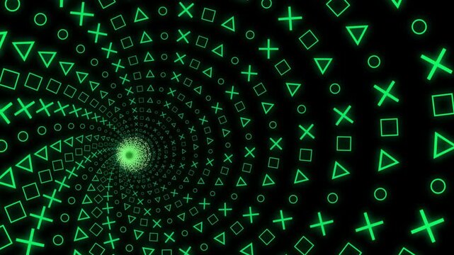 Neon green gaming symbols in glowing spiral motion background. 4K Video