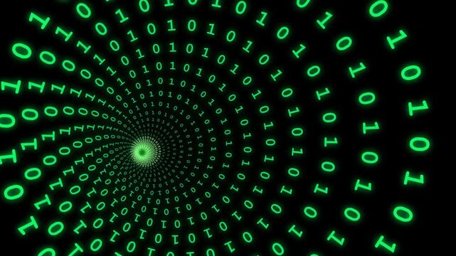 Digital Matrix Binary Code Spiral Data Stream Background. 4K Video