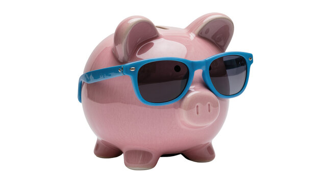 Isolated pink ceramic piggy bank wearing cool blue sunglasses, symbolizing smart financial savings