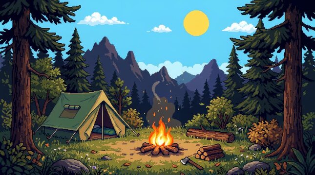 Pixel art summer camping site with green tent and campfire in pine forest. Retro game style mountain landscape with bright sun and blue sky. Nature outdoor adventure background.