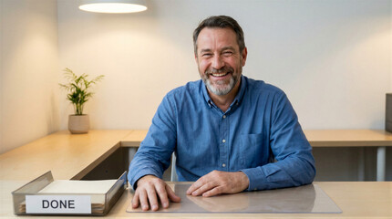 Fototapeta premium Middle-aged man sitting at office desk with done document tray. Professional employee working in workplace. Corporate environment business portrait of smiling caucasian male colleague