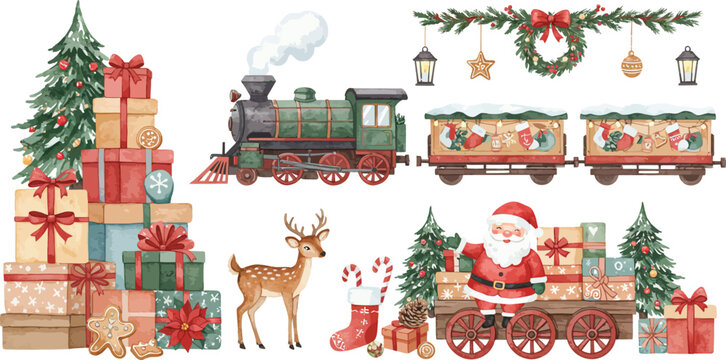 Watercolor christmas collection featuring santa claus festive train reindeer stack of gift boxes and holiday decorations on a white background