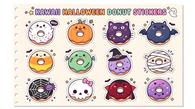 Cute Kawaii Halloween Donut Sticker Sheet with Pumpkin Ghost Witch Bat and Skull Icons on Cream Background