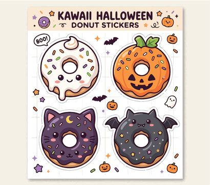 A cute collection of four large kawaii-style Halloween donut stickers featuring a ghost, a jack-o'-lantern pumpkin, a black cat, and a vampire bat on a light cream grid background