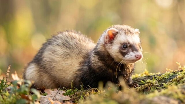 ferret close up in european countryside morning light video