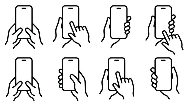 Minimalist smartphone hand gestures icon set, 8 mobile phone touch screen line art vectors, black and white device interaction symbols