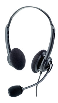 Isolated studio shot of a modern dark gray communication headset with adjustable microphone