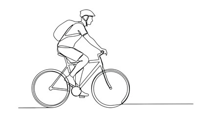 Fototapeta premium Minimalist continuous line drawing of person riding bicycle with helmet and backpack, symbolizing cycling, motion, lifestyle, fitness, and modern abstract artistic design