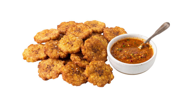 Crispy fried patacones with spicy hogao sauce, traditional Latin American plantain fritters, golden brown tostones appetizer with dipping bowl isolated PNG with Transparent Background