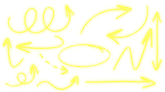 Neon yellow glowing scribble arrows pack, bright bloom effect marker highlights, cyber neon aura doodle arrow set on transparent background