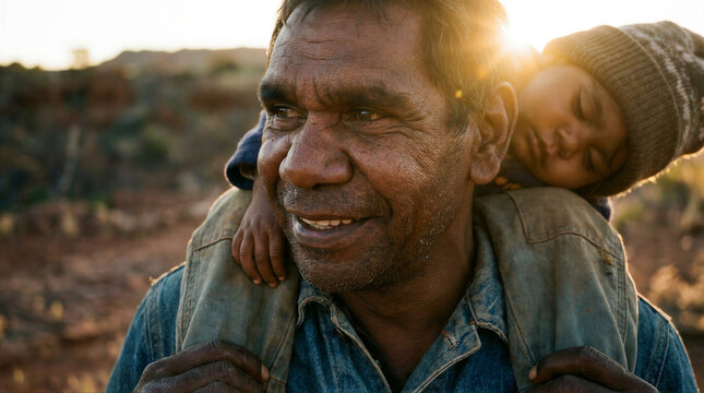 Australian aboriginal man carrying a child on his shoulders outdoors. Indigenous father and kid enjoying time together in the outback. Authentic family bond and rural lifestyle concept