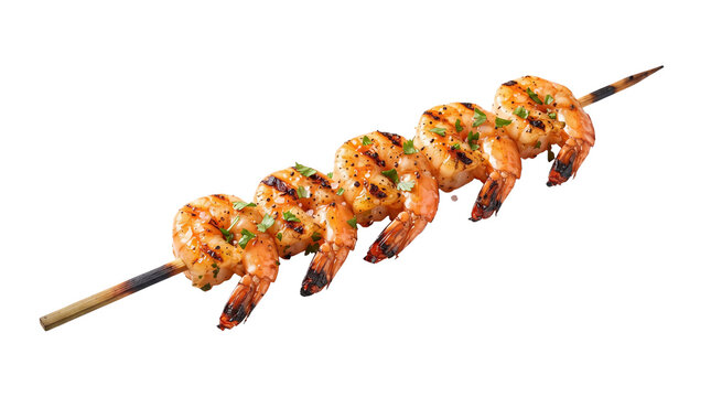 Grilled shrimp skewer with charred marks and herbs, roasted prawn kabob on wooden stick, delicious seafood barbecue appetizer for summer dining isolated PNG with Transparent Background