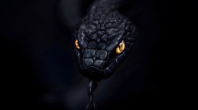 Macro portrait of a sinister black serpent with glowing amber eyes and flicking tongue emerging from the darkness to strike a menacing predator pose