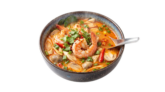 Authentic Tom Yum Goong soup with prawns, spicy Thai shrimp soup in ceramic bowl, traditional Asian seafood broth with mushrooms and chili isolated PNG with Transparent Background